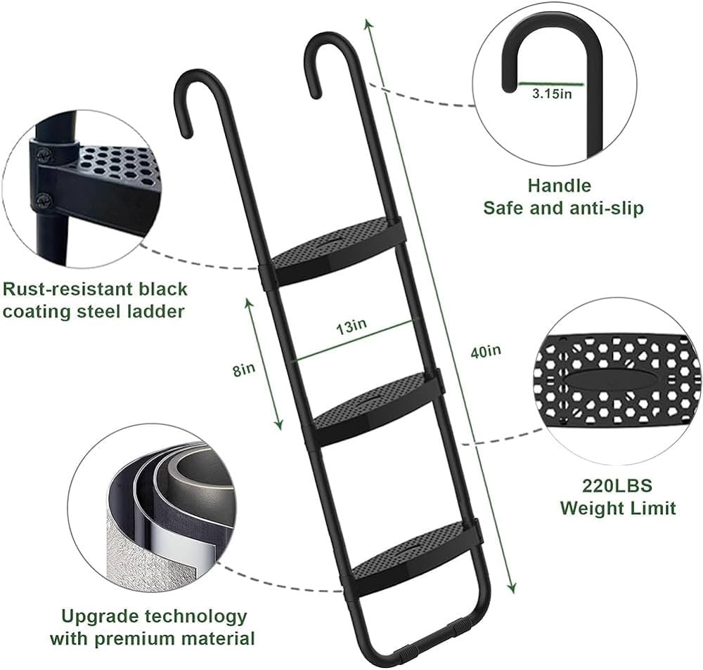 USA Universal Easy-to-Assemble Trampoline Ladder, 3 Steps with Wide Steps, Trampoline Storage Bag, 220 lbs Capacity Trampoline Accessories for Children Kids, Black