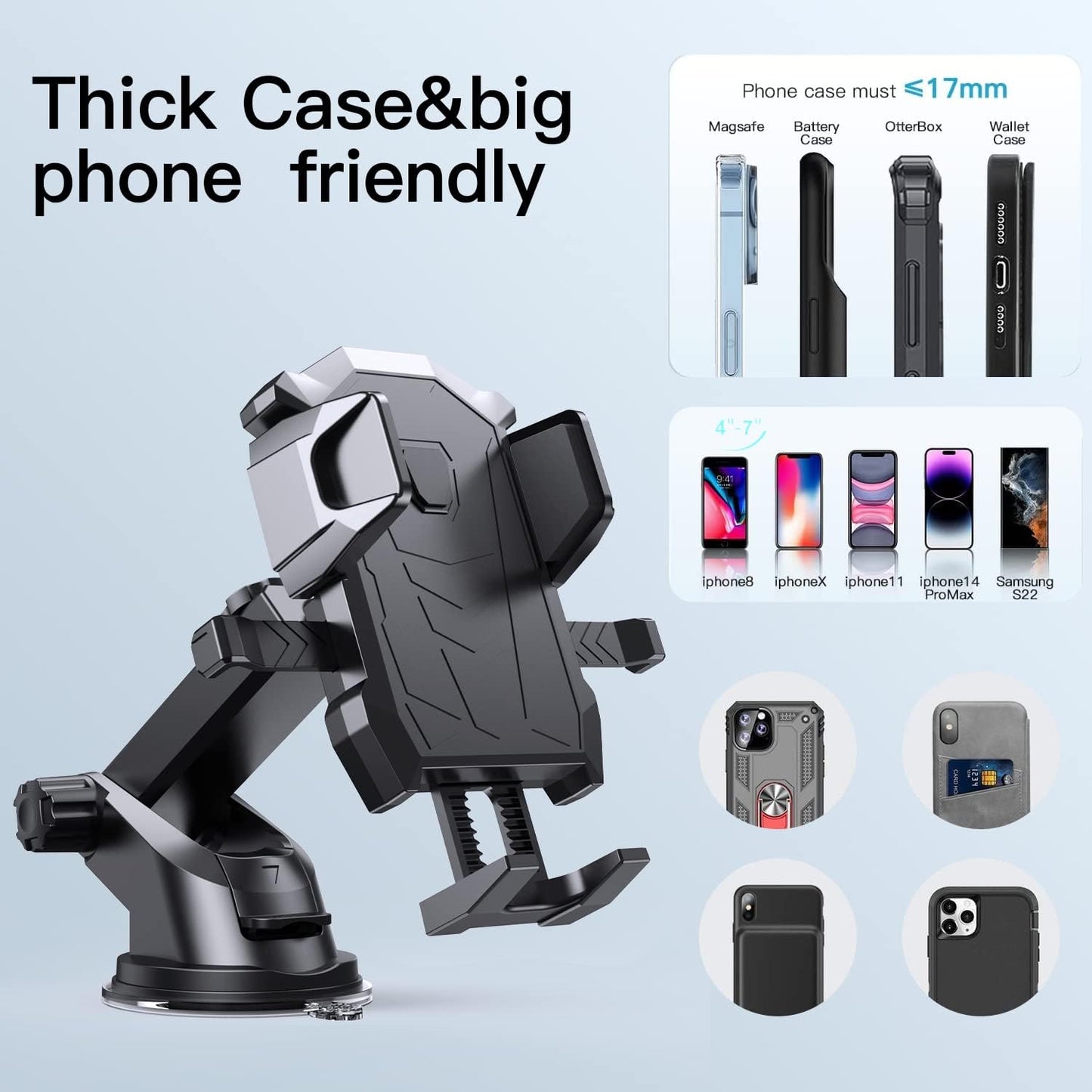 Phone Mount for Car Dashboard & Windshield Hands Free, Cell Phone Holder with Super Suction Cup and Long Arm