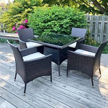 Gray 5-Piece Wicker Rattan Patio Conversation Set with Beige Cushions and Umbrella Hole