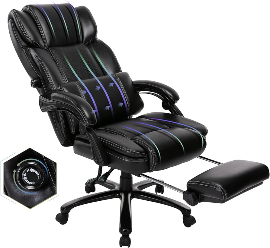 Big and Tall Office Chair with Footrest-Ergonomic Office Chair with Adjustable Backrest, Lumbar Support Pillow, Executive Computer Desk Chair Thick Bonded Leather for Comfort, 350LBS, Black