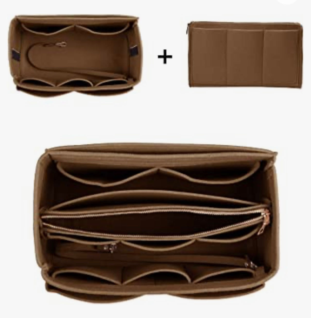 Purse Organizer Insert, with zipper, Handbag & Tote Shaper,Brown