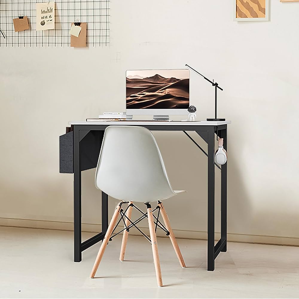 Computer 32 Inch Writing Office Small Space Desk Study Modern Simple Style Work Table with Storage Bag Headphone Hook Metal Frame for Home, Bedroom, 32-Inch