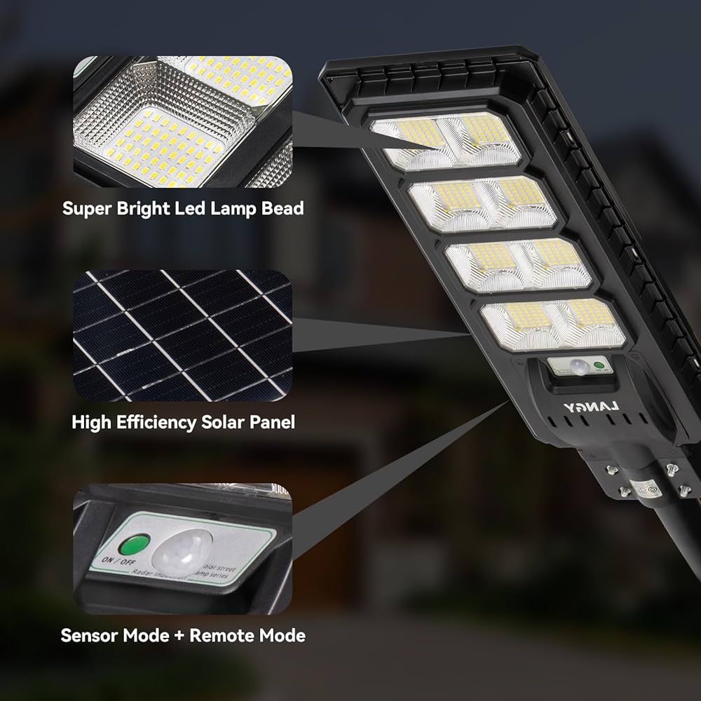 Upgraded Solar Street Lights 25000 Lumens, 20000mAH Battery, 360 Pcs LED Street Light Solar Powered with Remote Control, Dusk to Dawn Outdoor Security Led Post Street Light