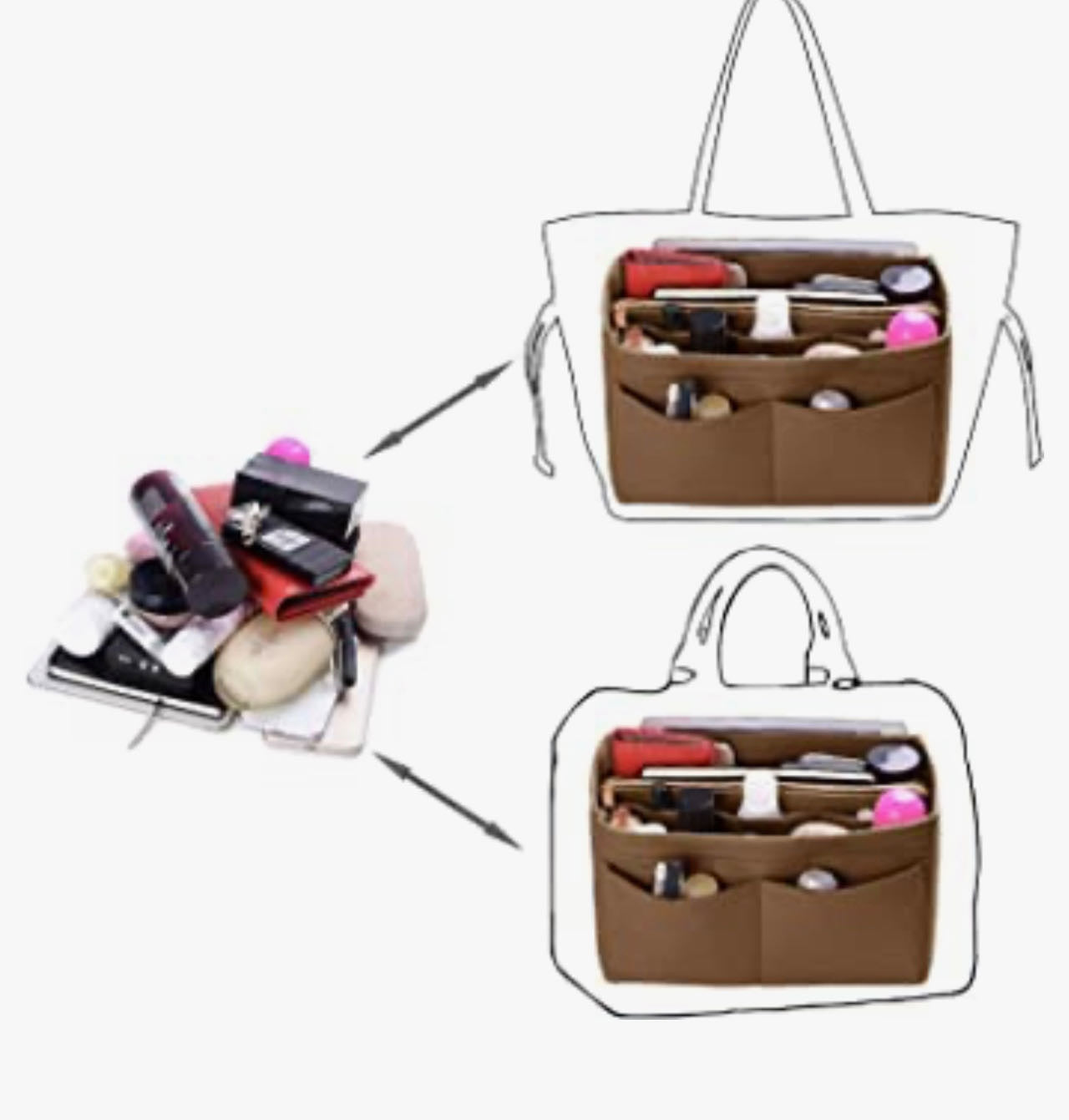 Purse Organizer Insert, with zipper, Handbag & Tote Shaper,Brown