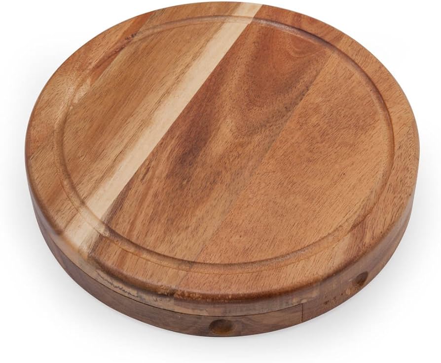 Round Slide-Out Acacia Wood Cheese Serving Board and 3 Piece Cheese Tool Set, 7.5 inch Diameter, Ideal for Outdoor Picnic Housewarming Kitchen Personalized Gift