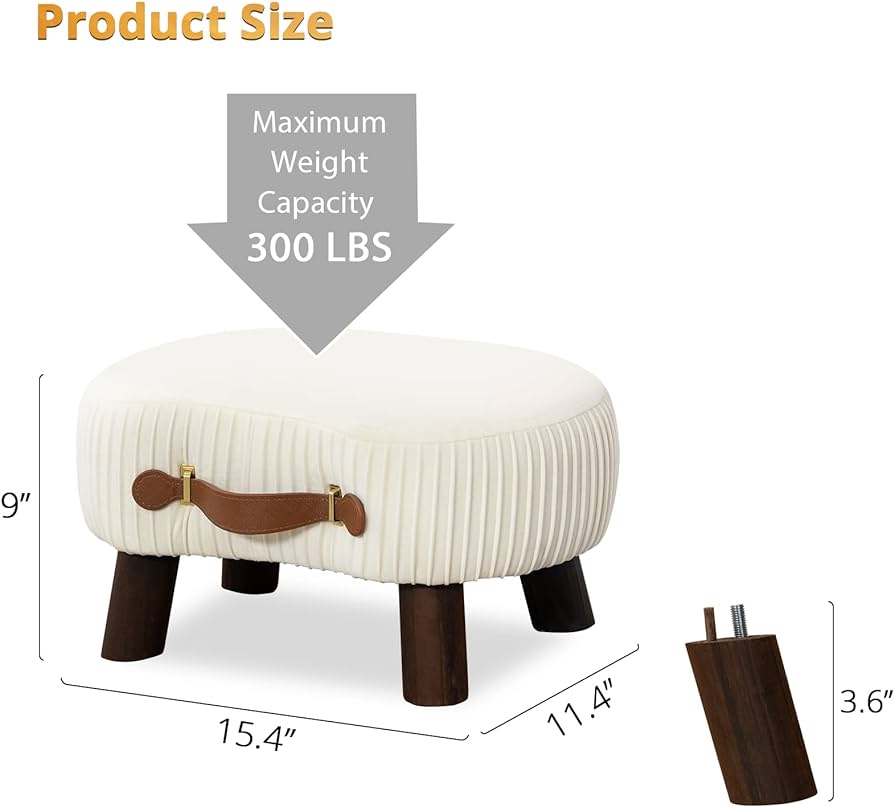 Small Curved Foot Stool with Handle, Beige Velvet Footstool and Ottomans, Modern Foot Rest with Wooden Legs