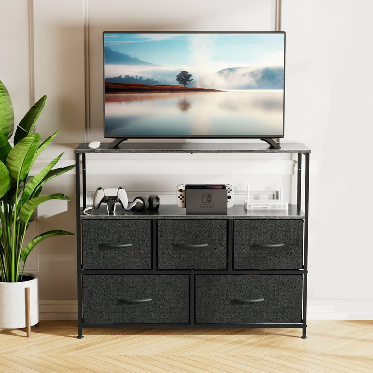 Multi-Purpose Dresser TV Stand with 5 Drawers, Open Shelves & Steel Frame for Bedroom, Living Room