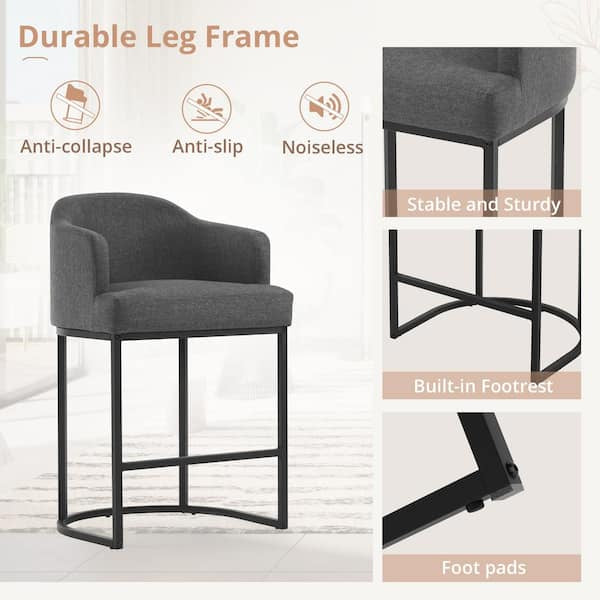 Crystal Charcoal Gray 26''Counter Height Linen Fabric Upholstered Bar Stool Kitchen Island Stool With Black Metal Frame