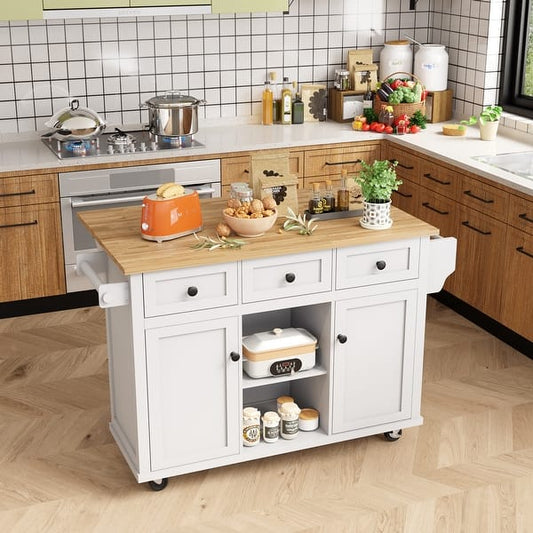 White Rubber wood Drop-Leaf Counter top 53 in. Kitchen Island on 5-Wheels with Storage Cabinet and 3 Drawers