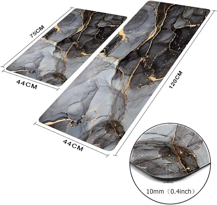 Luxury Black and Gray Marble Kitchen Rugs and Mats Anti Fatigue PVC Leather Set of 2 Non-Slip Waterproof Comfort Standing Floor for Sink Laundry 17.3"×29"+17.3"X47"