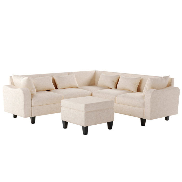 87" Modern Linen L Shape Sectional Sofa with Coffee Table,Sectional Couch with Storage Ottoman