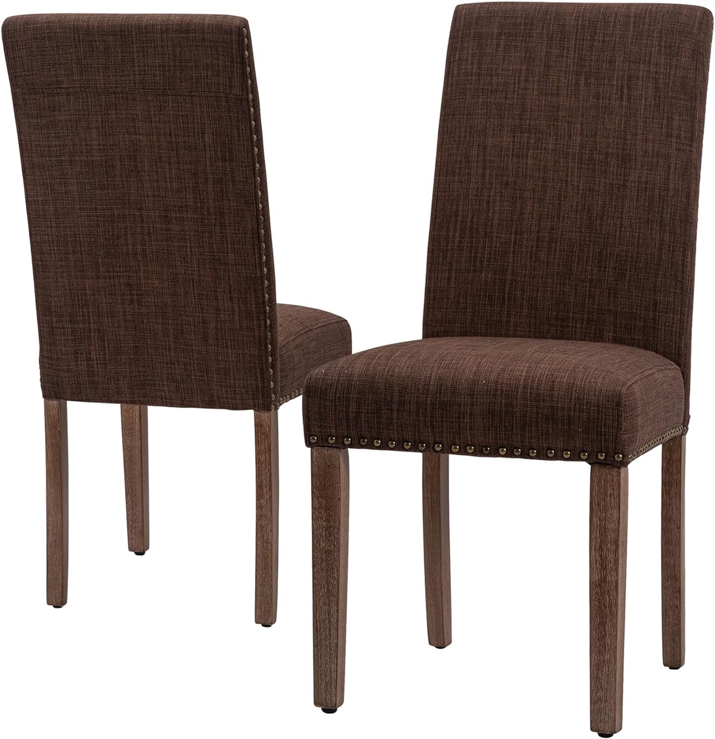 Set of 2 Dining Chairs, Accent Parsons Diner Chairs Upholstered Fabric with Nailhead Trim by Side Table for Home KiSet of 2 Dining Chairs, Accent Parsons Diner Chairs Upholstered Fabric with Nailhead Trim by Side Table for Home Kitchen, Living Room, Brown