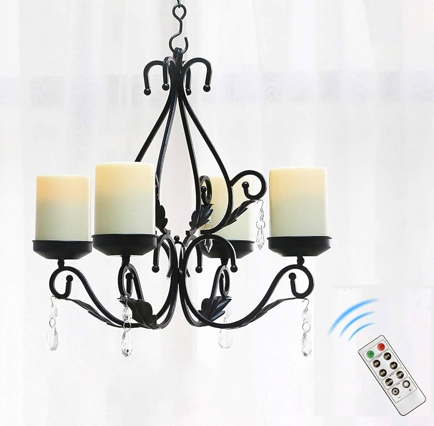 3 in 1 Lighting Chandelier with 4pcs Battery Operated Led Candle with Remote, Table Centerpiece for Indoor or Outdoor Gazebo, Patio Decoration, Black