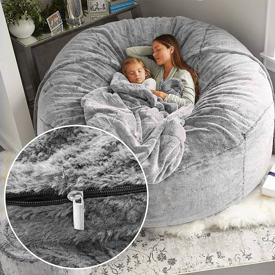 Bean Bag Chair Cover(it was only a Cover, not a Full Bean Bag) Chair Cushion, Big Round Soft Fluffy PV Velvet Sofa Bed Cover, Living Room Furniture, Lazy Sofa Bed Cover,6ft Snow Gray