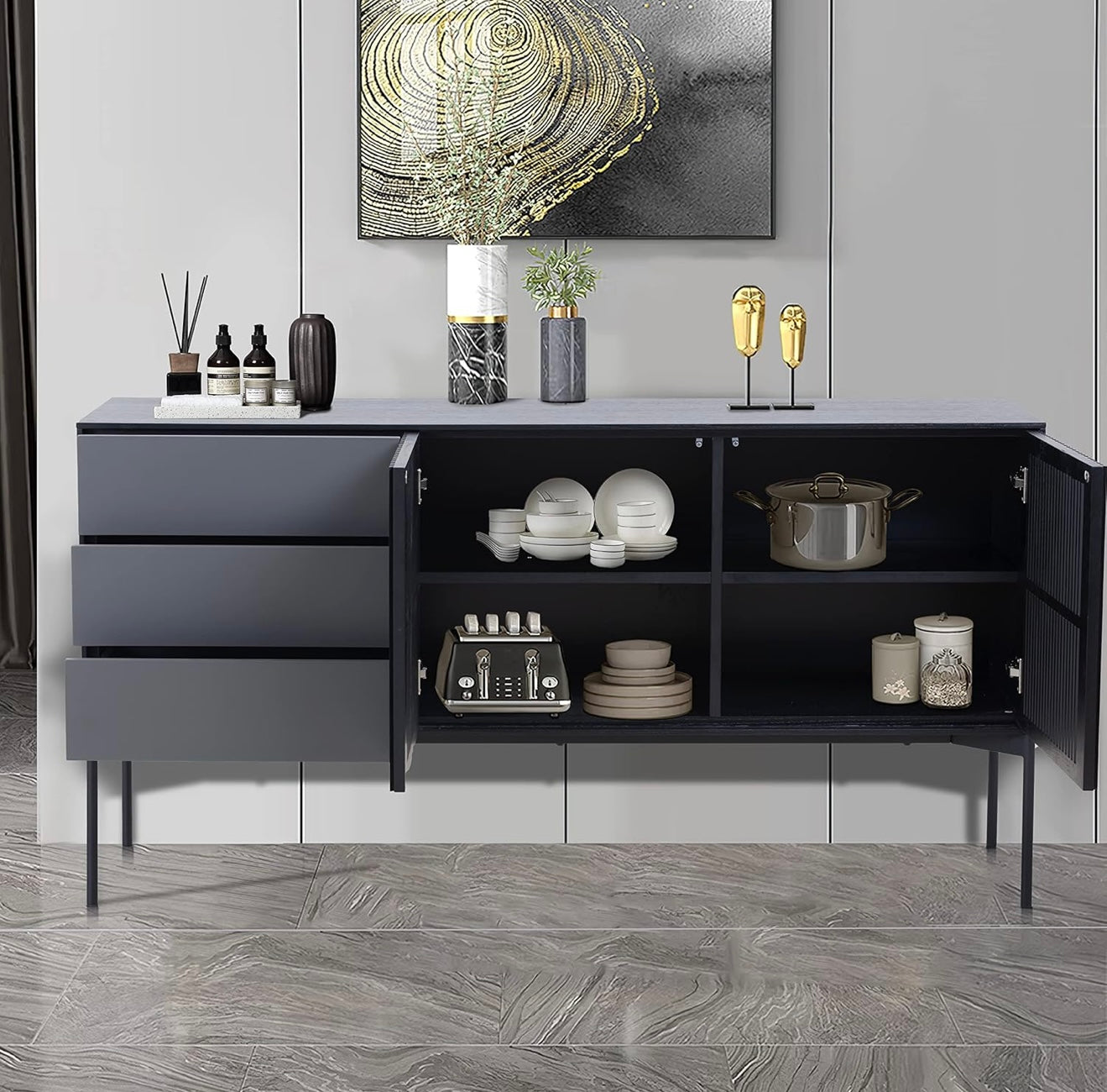 Sideboard Cabinet with 3 Drawers & 2 Doors,Modern Kitchen Buffet Sideboard Storage Console Table with Metal Legs,Buffet Server Cupboard for Living Room Dining Room Entryway,Black