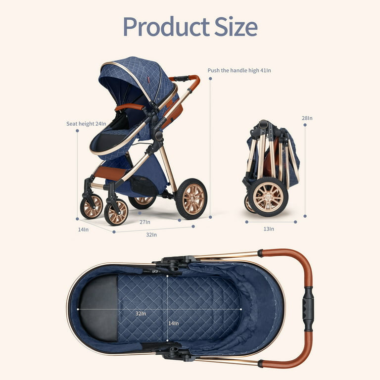 Baby Stroller, Foldable Aluminum Alloy Pushchair with Adjustable Backrest, 3 in 1 High Landscape Convertible Reversible Bassinet Pram for Infant & Toddler,BLUE
