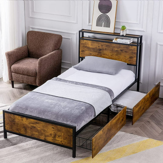 Twin XL Bed Frame with 2 Storage Drawers - Platform Bed Frame with 2-Tier Headboard, Strong Metal Slat Support and 10.5inch Under Bed Storage for Bedroom, No Box Spring Needed, Easy Assembly