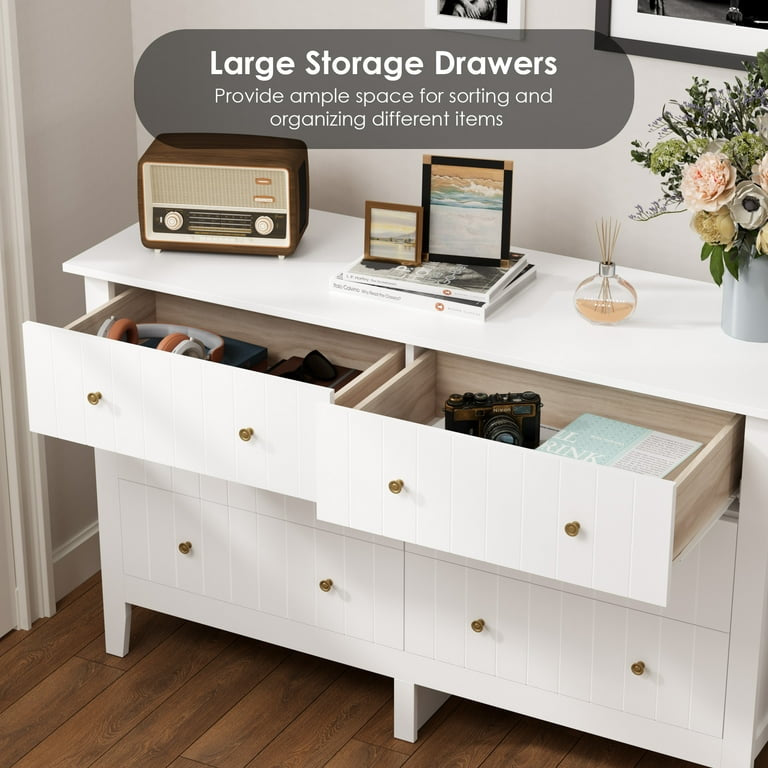 6 Drawer Double White Dresser for Bedroom, Modern Wood Dresser Storage Cabinet for Living Room
