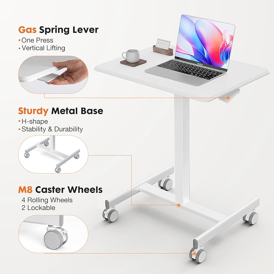 Mobile Small Stading Desk - Sit Stand Desk, Portable Rolling Laptop Desk with Lockable Wheels, Computer Workstations, Adjustable Height