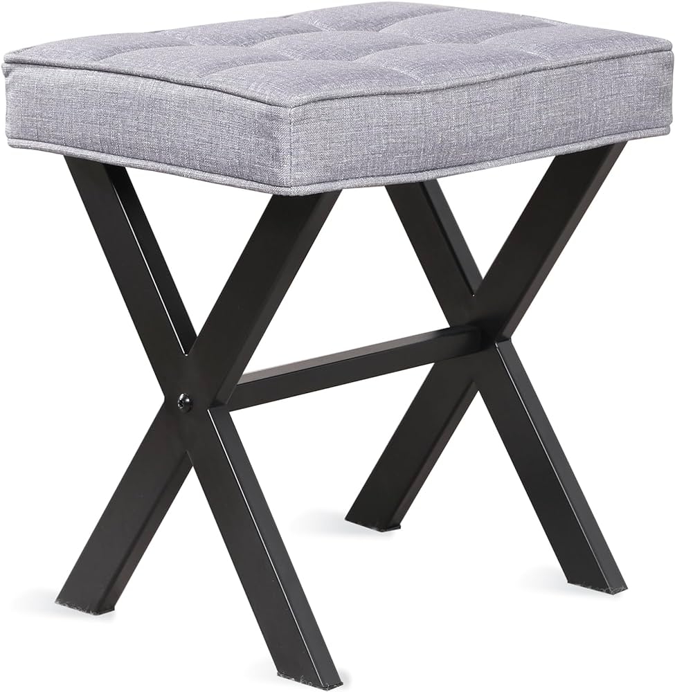 Vanity Stool, Square Linen Makeup Stool with Metal X Legs, Small Ottoman Stool Chair for Vanity, Modern Padded Vanity Seat Foot Rest Stool for Makeup Room, Living Room, Bathroom, Dark Gray