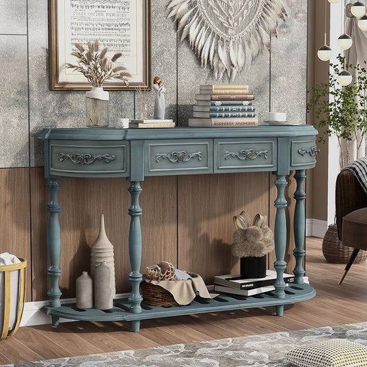 Antique Blue Classic Style Curved Console Table with 4 Drawers and 1 Shelf Semi-Circle MDF Wood Painted