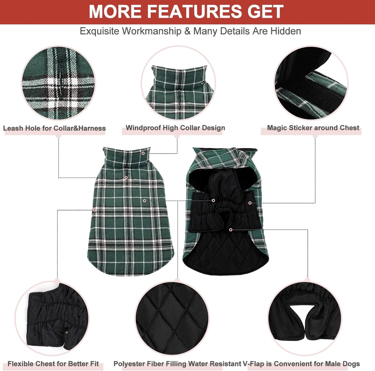 Dog Jackets for Winter, Reversible Dog Coat Windproof Waterproof Dog Winter Jackets for Cold Weather, British Style Plaid Dog Coats Warm Dog Vest for Small Medium Large Dogs, Green
