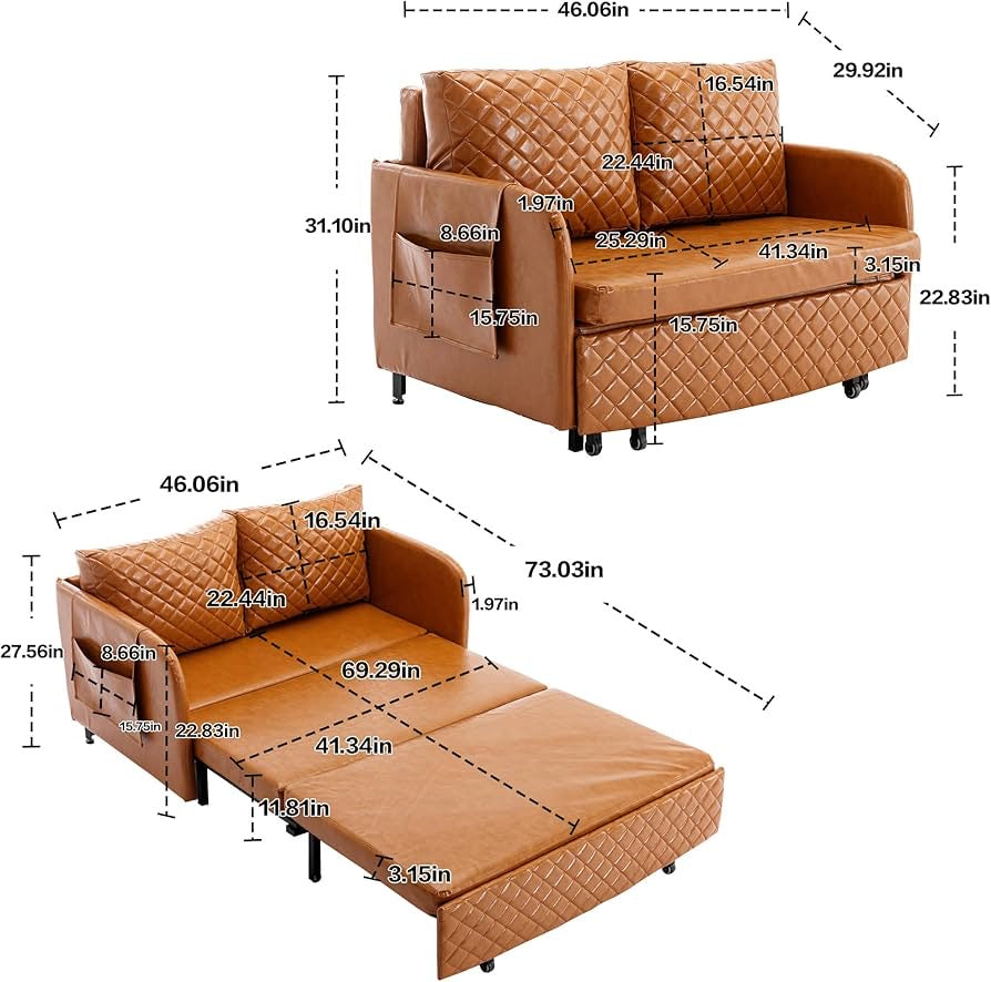 Convertible Sofa Couch Bed，Modern Loveseat with Pull Out Bed for Living Room ，2 Pillows & Side Pockets