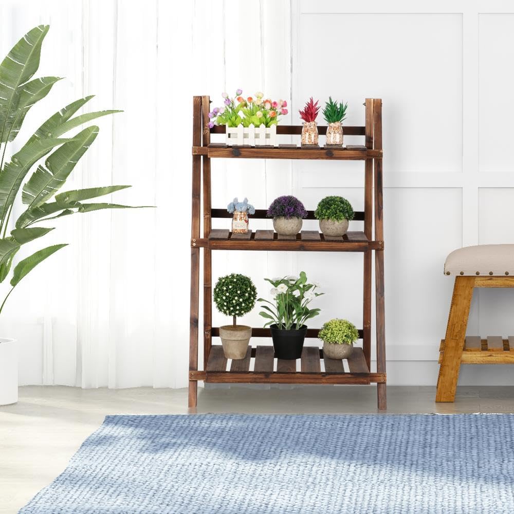 Folding Plant Stand Wooden Foldable Plant Shelf 3-Tier Flower Pot Stand Plants Display Shelf Rack Ladder Garden Indoors Outdoors 23.6 x 15 x 36.6in