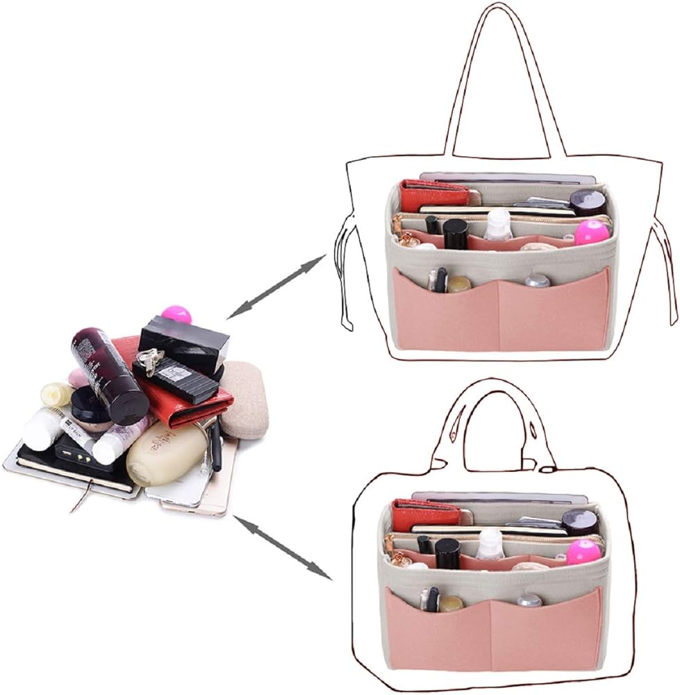 Purse Organizer Insert, Felt Bag Organizer with Metal Zipper, Handbag & Tote Shaper, For Speedy Neverfull Tote.Cream with Pink