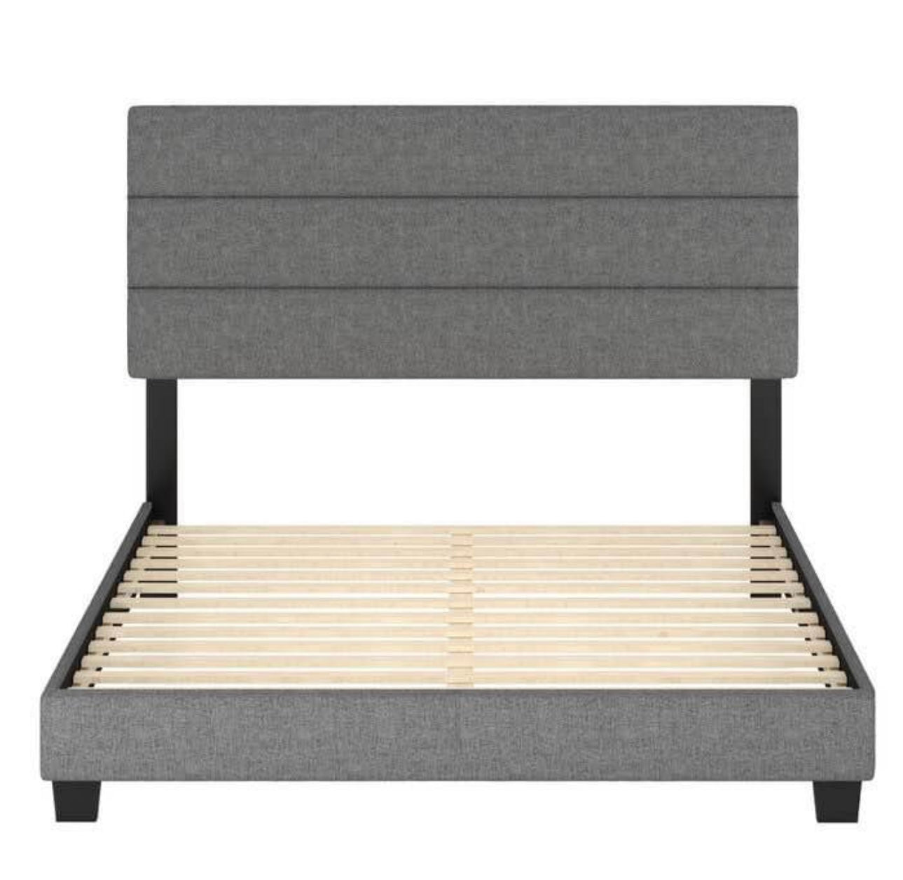 Upholstered Linen Tri-Panel Channel Headboard Platform Bed Frame, tQueen, Gray