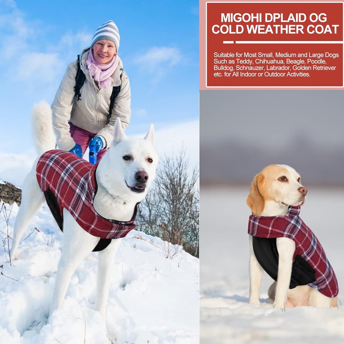 Dog Jackets for Winter, Reversible Dog Coat Windproof Waterproof Dog Winter Jackets for Cold Weather, British Style Plaid Dog Coats Warm Dog Vest for Small Medium Large Dogs,Red