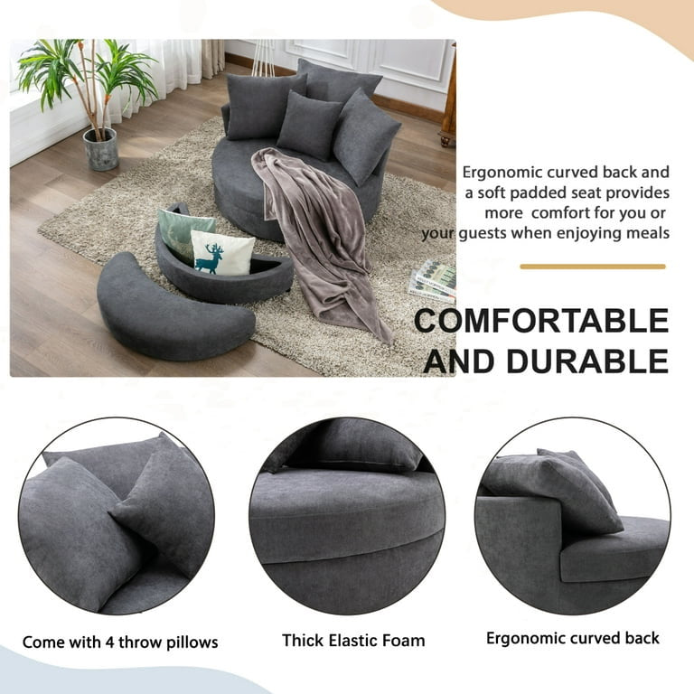 360° Swivel Accent Barrel Chair with Half Moon Shape Storage Ottoman & 4 Pillows,Modern Linen Leisure Chair with Soft Cushions,Round Club Lounge Chair for Living Room Bedroom Hotel,Dark Gray