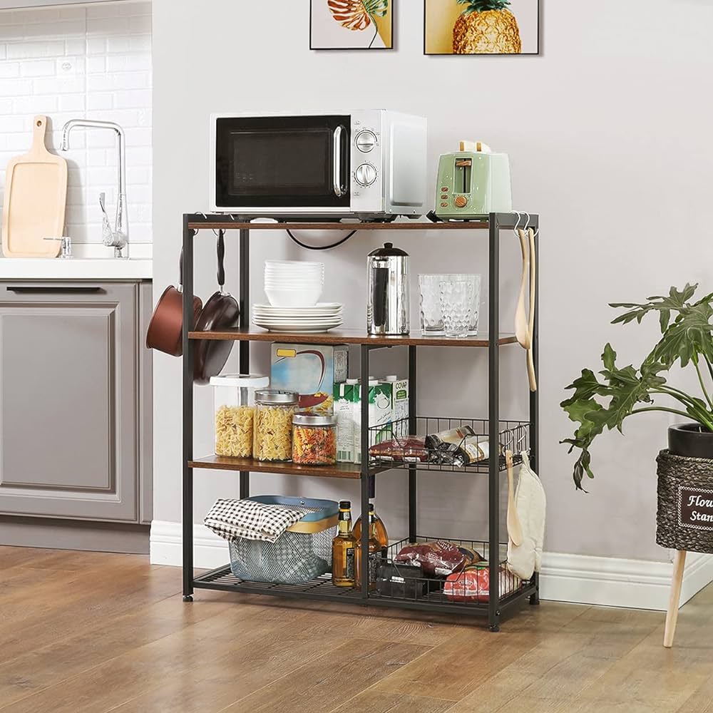 Kitchen Baker Rack, Industrial Kitchen Shelf with 2 Mesh Baskets,Microwave Oven Stand, Rustic Brown