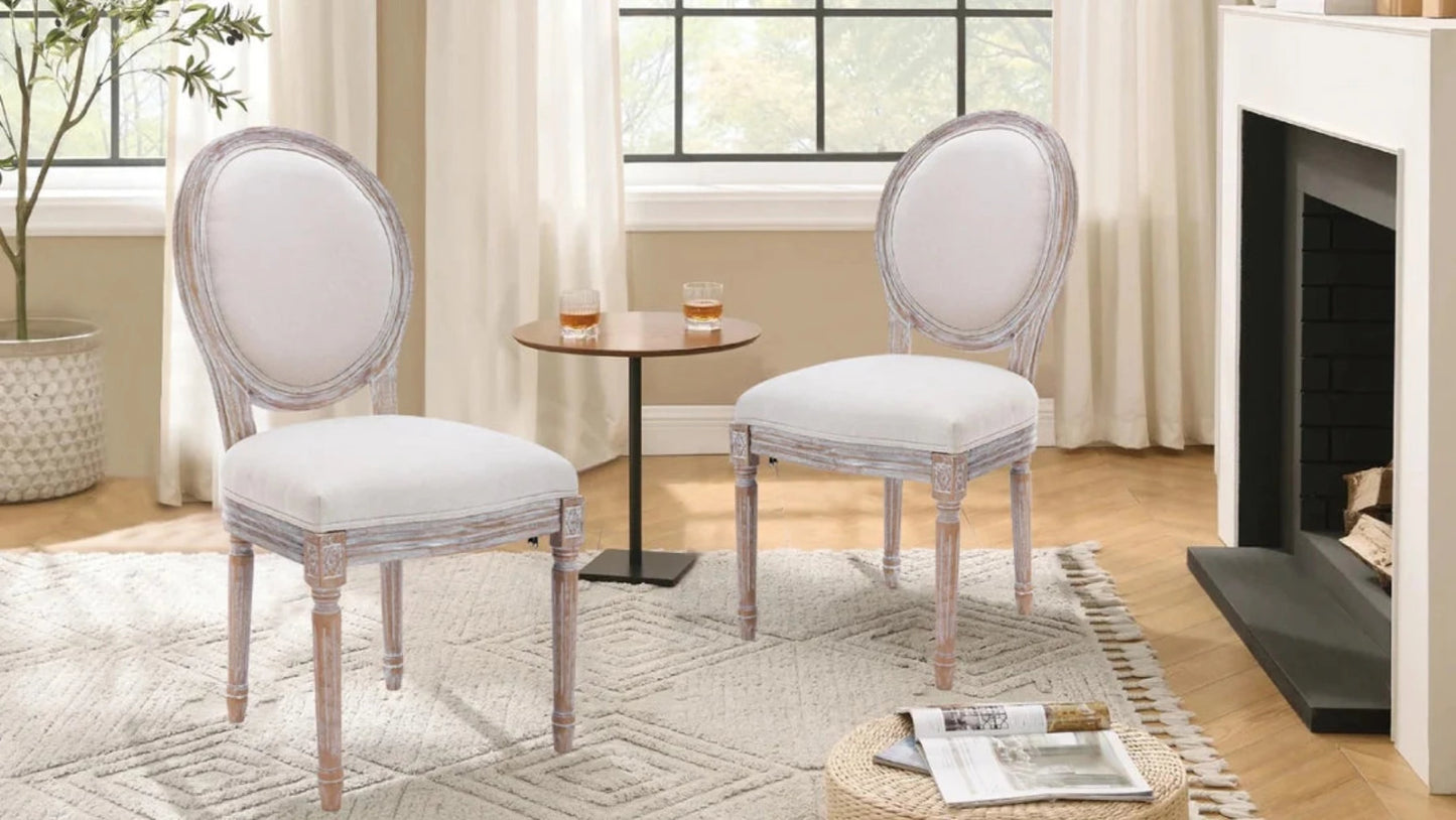 French Country Vintage Dining Chairs with Round Back, Set of 2, Solid Wood Legs, Accent Side, Upholstered for Farmhouse, Dining Room, Kitchen/Living Room/Bedroom-Classic Beige