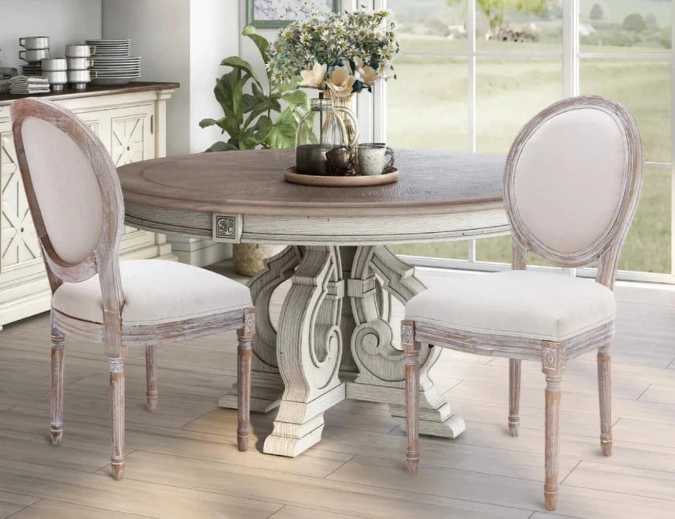French Country Vintage Dining Chairs with Round Back, Set of 2, Solid Wood Legs, Accent Side, Upholstered for Farmhouse, Dining Room, Kitchen/Living Room/Bedroom-Classic Beige $79