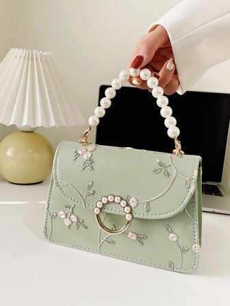 Faux Pearl Handle Top Green Floral Embroidery crossbody mini bag