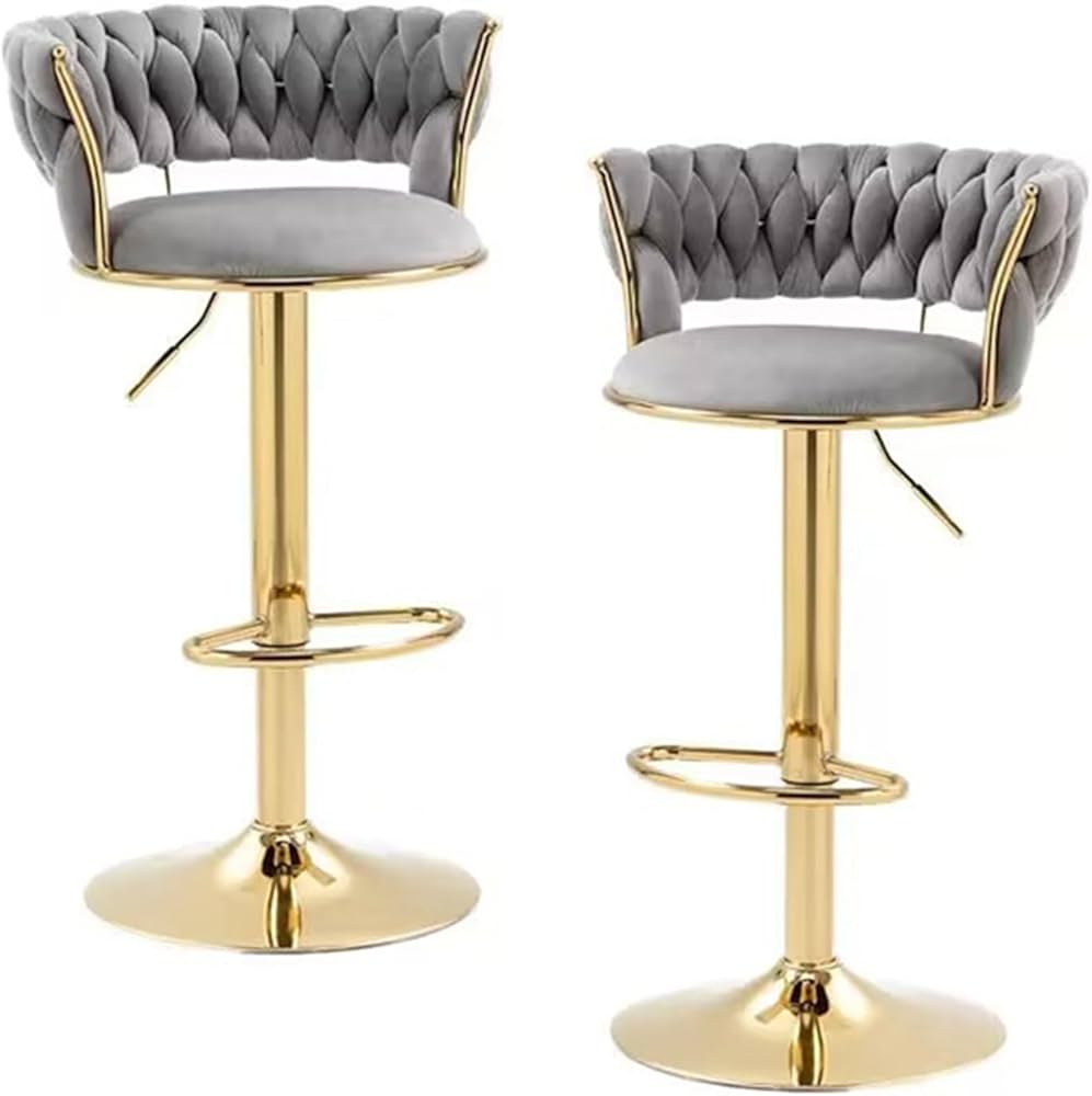 Set of 2 Modern Bar Stools, Stainless Steel Swivel, 360 Swivel Velvet Upholstered Adjustable Counter Bar Stool, Counter Gold High Chair, Rotation Kitchen Bar for Home Bistro, Grey