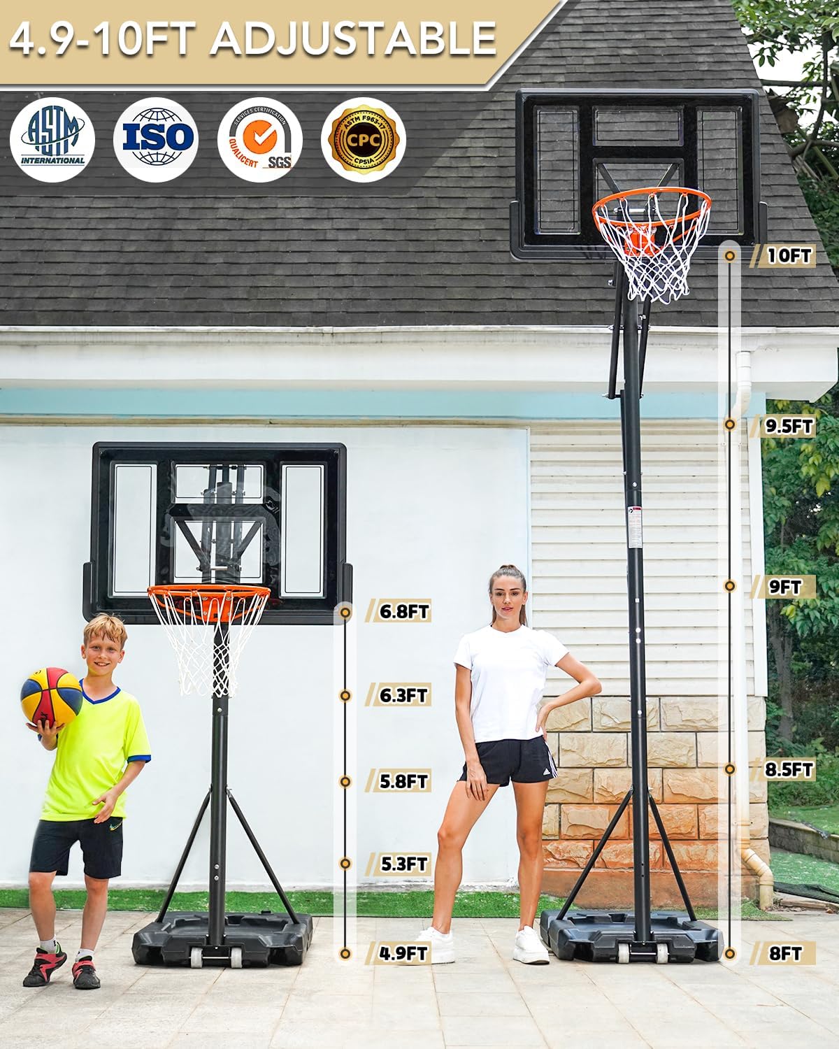 Portable Basketball Hoop Quickly Height Adjusted 4.9-10ft Outdoor/Indoor Basketball Goal System with 44 inch Backboard and Wheels for Adults