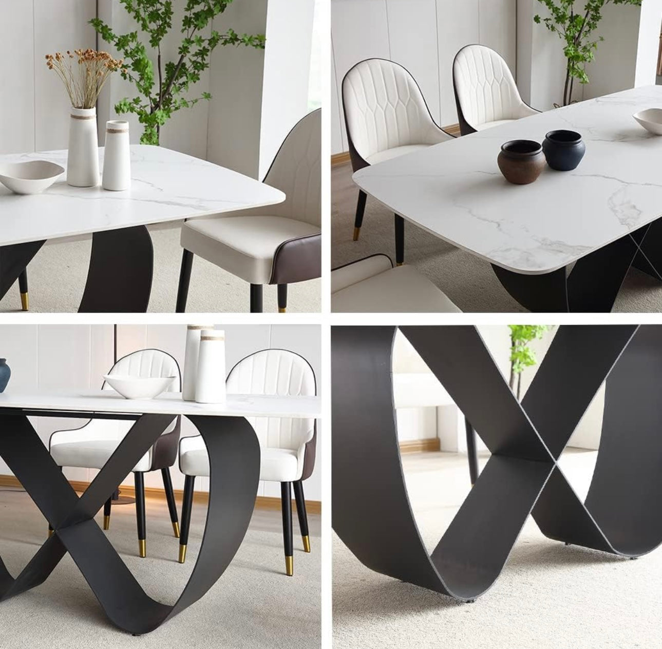 87” Modern Dining Table for 8, Rectangle Dining Table Large, Sintered Stone Dining Table with Butterfly Shape Carbon Steel Base, White Kitchen Table for Dining Room Table