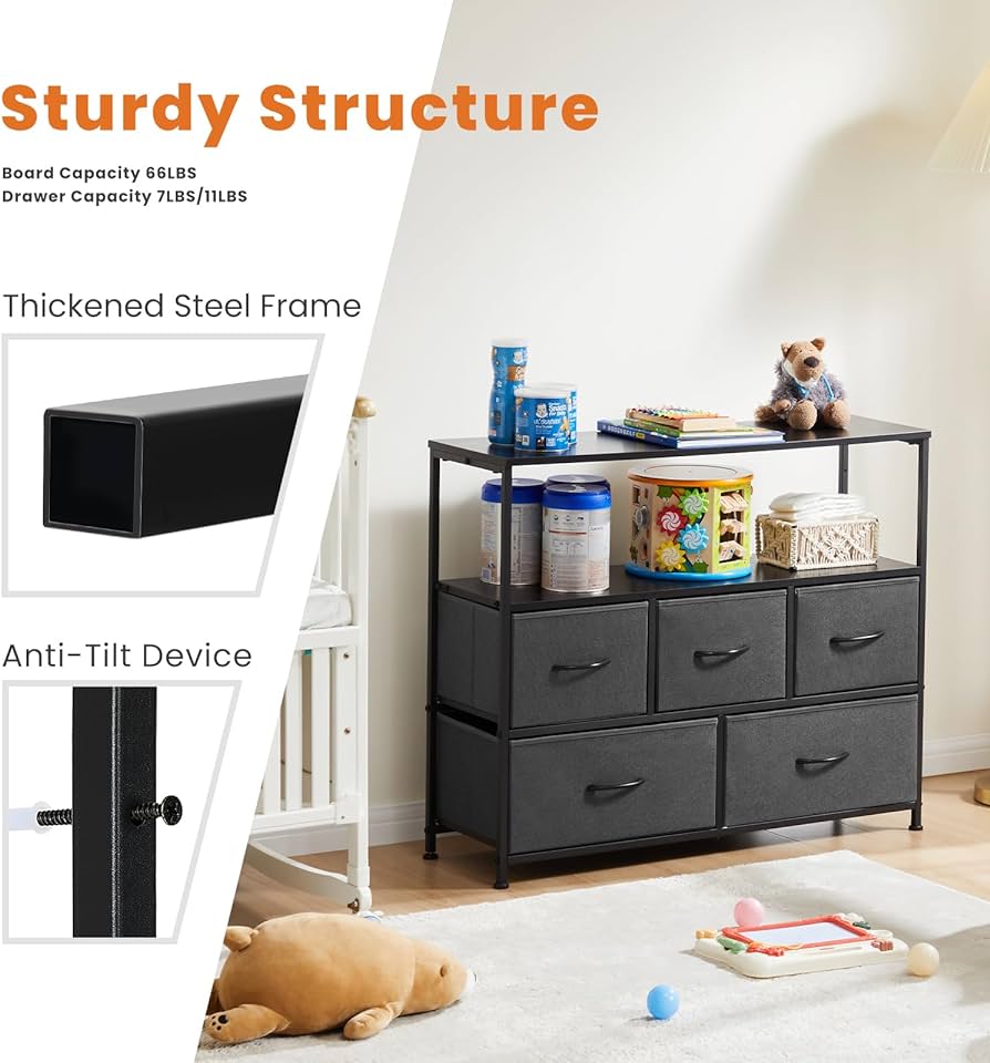 TV Stand for Bedroom, TV Dresser for 45 inches, Media Console Table, ETV Stand for Bedroom, TV Dresser for 45 inches, Media Console Table, Entertainment Center with 5 Fabric Drawers Cabinet and Open Storage Shelf Furniture Cabinet for Living Room, Hallway