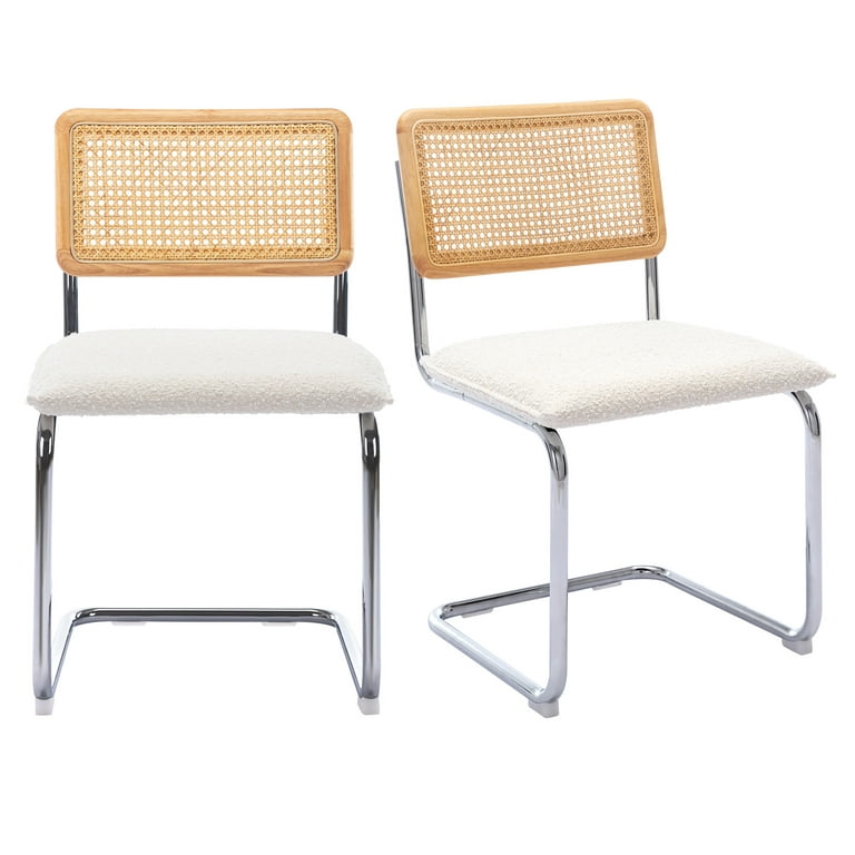 Rattan Dining Chairs Set of 2, Boucle Dining Chair with Cane Back and Chrome Legs, Mid-Century Modern Upholstered Side Chair for Dining Room, White