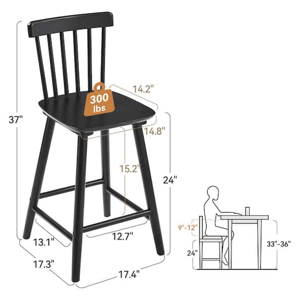 24 in. Black Wood Counter Stools Bar Stools with Slat Back