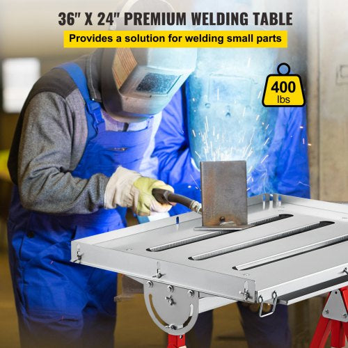 VEVOR Welding Table, 36" x 24", Steel Industrial Workbench w/ 400lbs Load Capacity, Adjustable Angle & Height, Casters, Retractable Guide Rails, Three 1.6" Slots Folding Work Bench