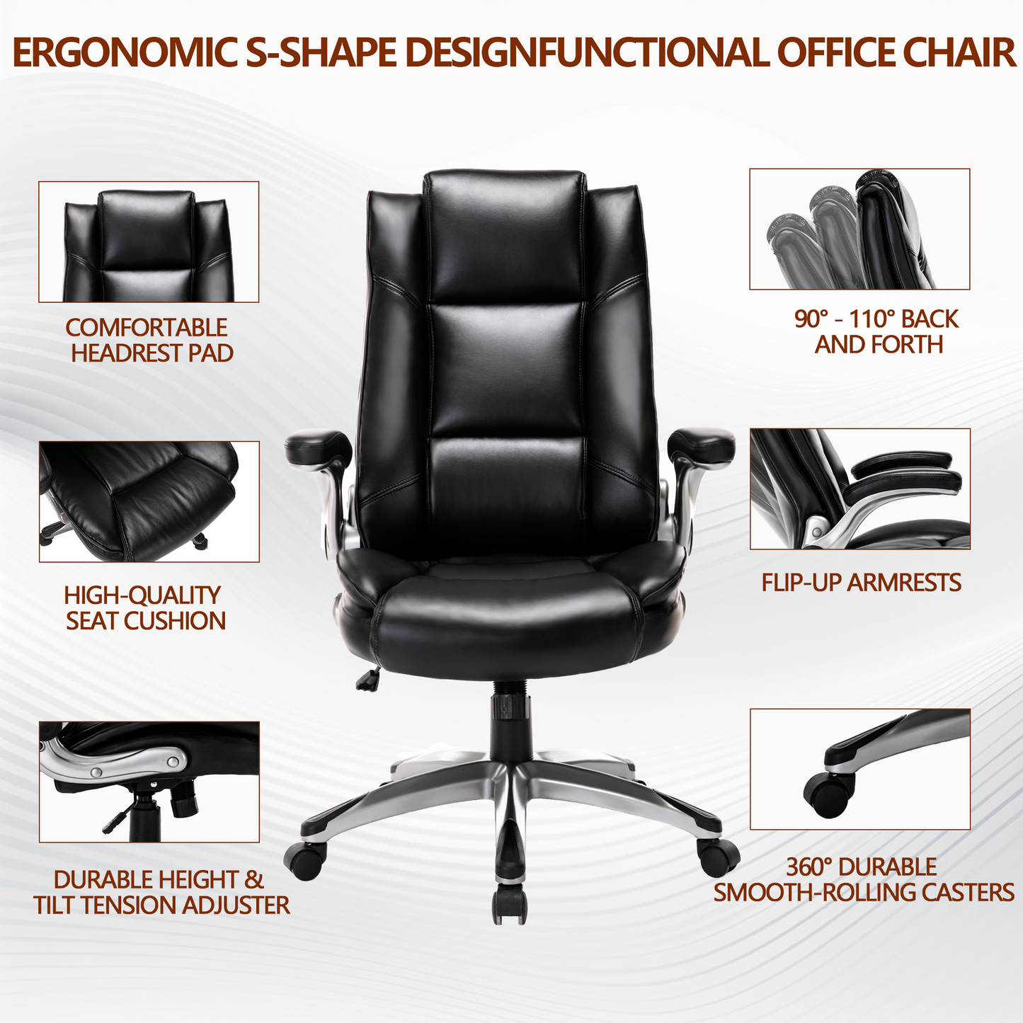 Leather Executive Office Chair- High Back Home Computer Desk Chair with Padded Flip-up Arms, Adjustable Tilt Lock, Swivel Rolling Ergonomic Chair for Adult Working Study, Black