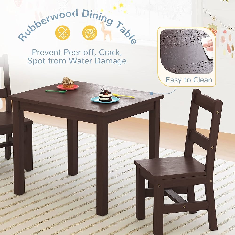 Rubberwood Kids Table and Chair Set(2 Chairs), Water Resistant Kids Table with Non-Slip Pad, Waterfall Edge Design, Easy to Clean, Children Gift for Boy, Girl in Bedroom, Playroom, Espresso