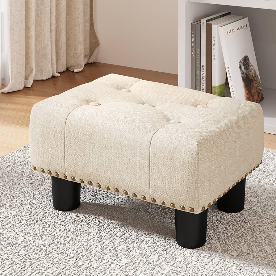 Small Tufted Foot Stool, Beige Linen Rivet Tufted Footrest with Plastic Legs, 9''H, Rectangle Foot Stools for Adult with Non-Slip Pads, Sofa Footstool for Living Room, Couch