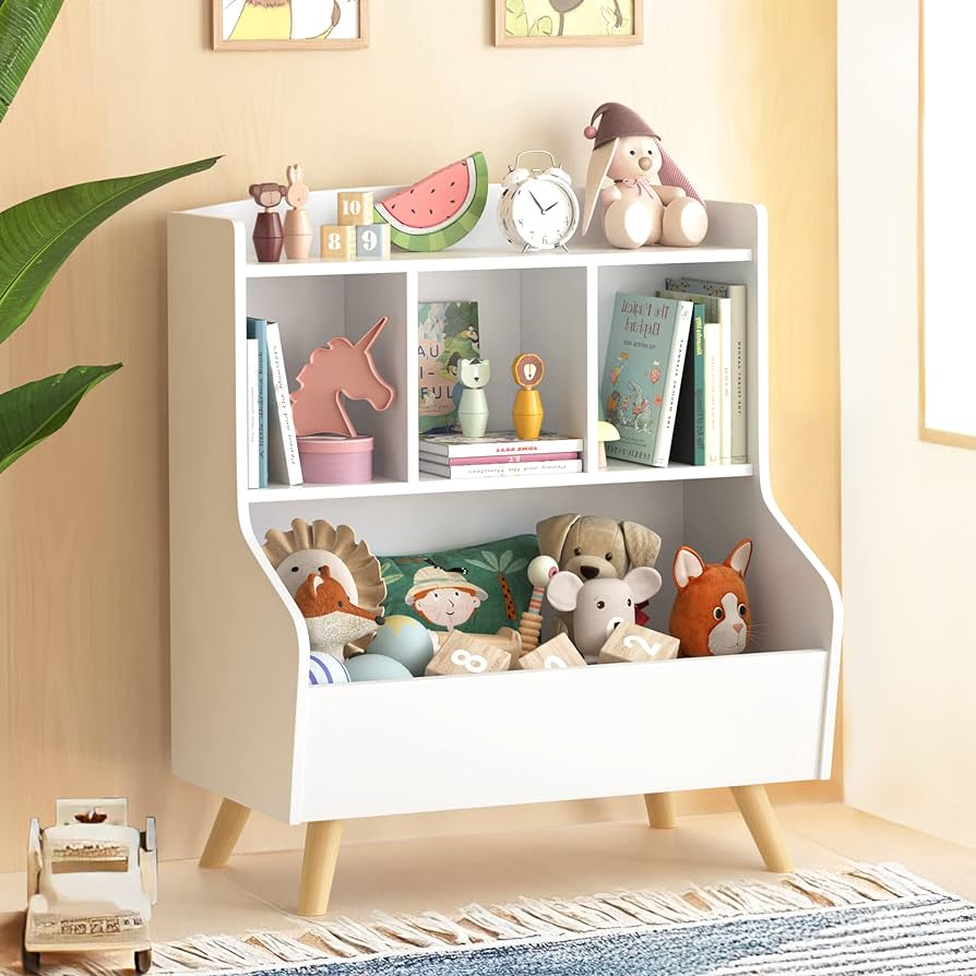 Kids Bookshelf and Toy Storage, 3-Tier Wooden Open Bookcase, Baby Book and Toy Storage Display Organizer with Spacious Top Shelf, for Children, Friends, Family, White