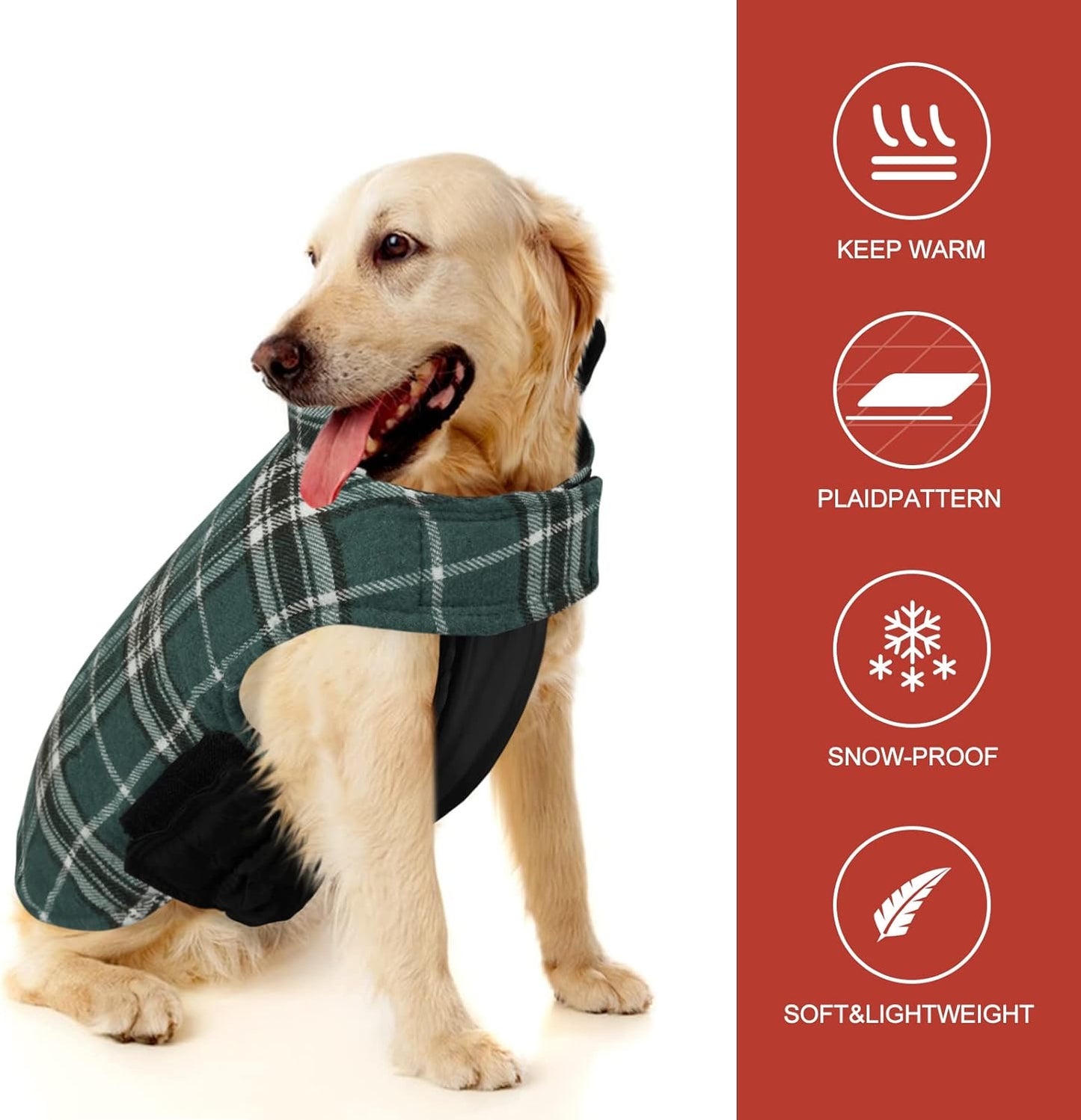Dog Jackets for Winter, Reversible Dog Coat Windproof Waterproof Dog Winter Jackets for Cold Weather, British Style Plaid Dog Coats Warm Dog Vest for Small Medium Large Dogs, Green