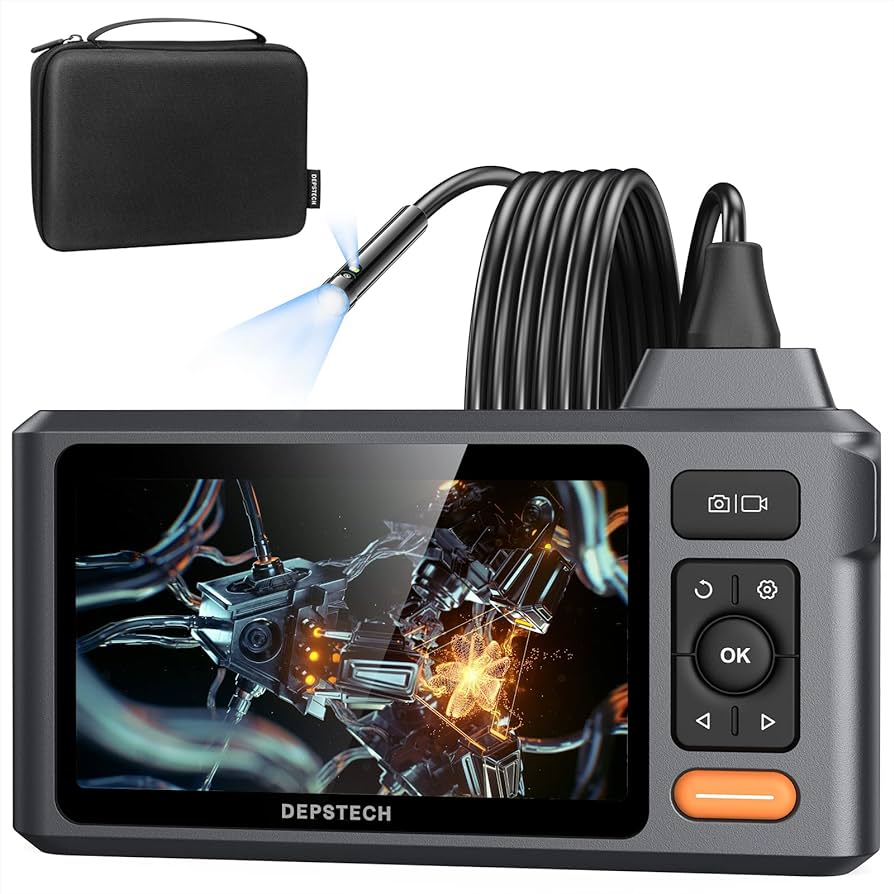 DS520 Triple Lens Sewer Camera, 5" IPS Screen Inspection Camera with 50FT Semi-Rigid Cable, DS520 4.92ft Semi-Rigid Cable, 1080P Dual Lens Endoscope Camera with Lights, Portable Case