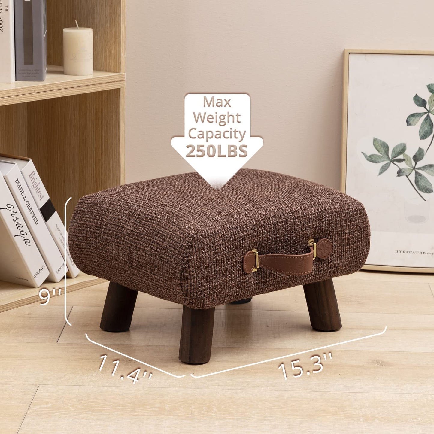 Foot Stool with Handle, Brown Footstool Elegant Small Foot Stool Rest with Wooden Legs, 9''H, Rectangle Fabric Foot Stools for Adults with Waterfall Edge, Ottoman for Living Room, Desk, Bedroom, Couch